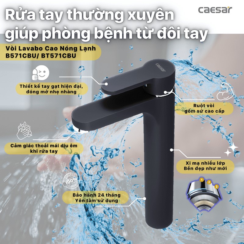 Vòi lavabo nóng lạnh Caesar B571CBU thân cao
