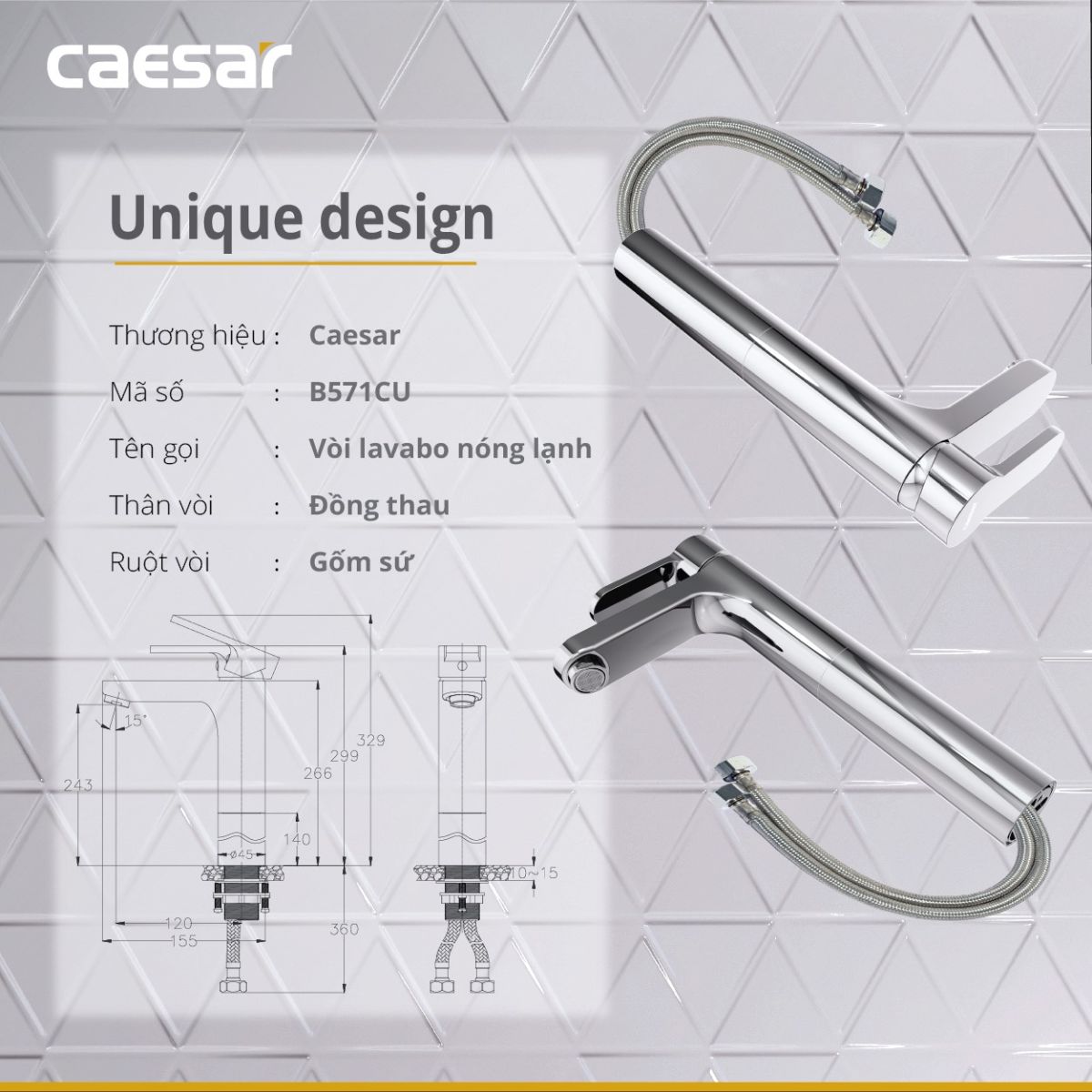 Vòi lavabo nóng lạnh Caesar B571CU thân cao